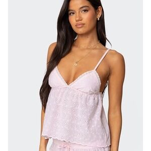 Pacsun Edikted Talula Eyelet Babydoll Cami Lace Trim Baby Pink Tank Top Womens M